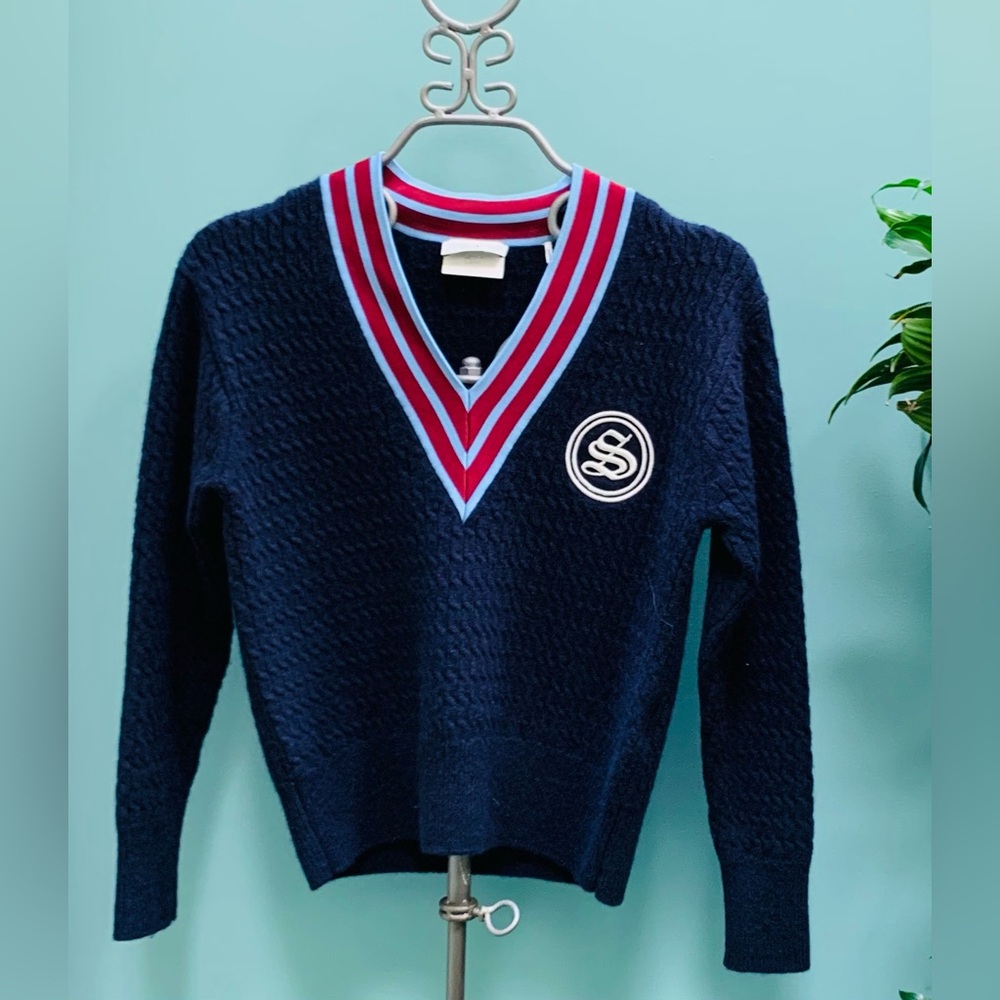 Sandro Navy Blue V-Neck Sweater with Red and Blue Accents (unisex) S:1